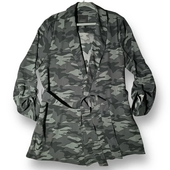 500 Maison Cinqcent Black Gray Camo Print Lightweight Belted Trench Jacket XL - Picture 6 of 9